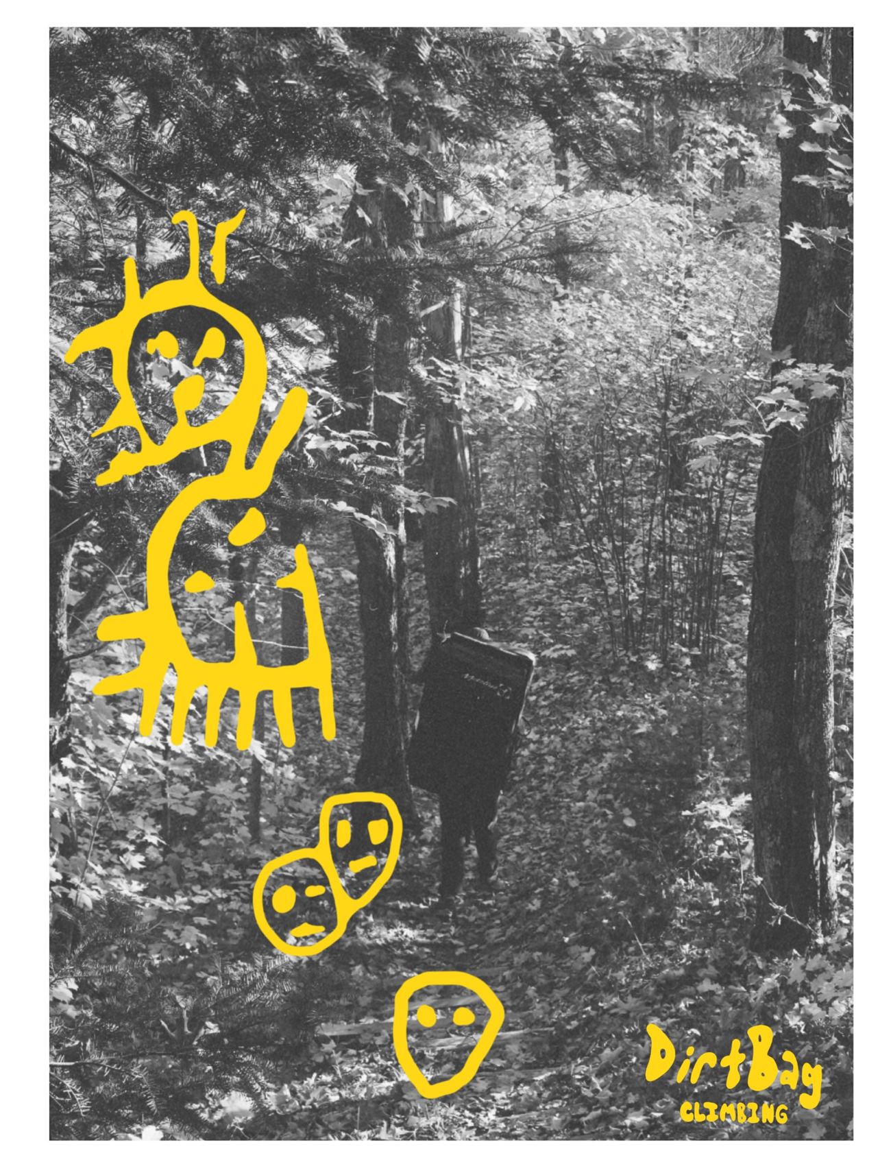 Yellow hand-drawn petroglyph figures and faces over a black and white forest trail, with a climber carrying a crash pad in the distance