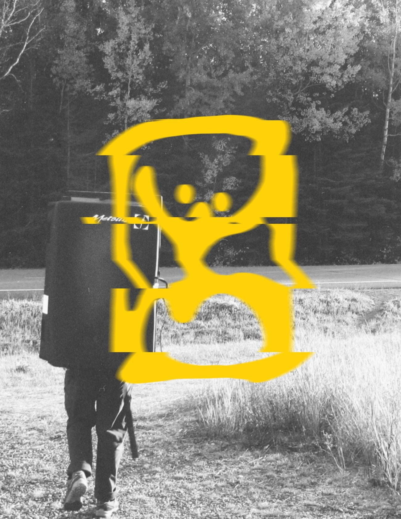 The yellow Dirtbag climber logo, glitched in horizontal slices, over a black and white photo of a person carrying a crash pad
