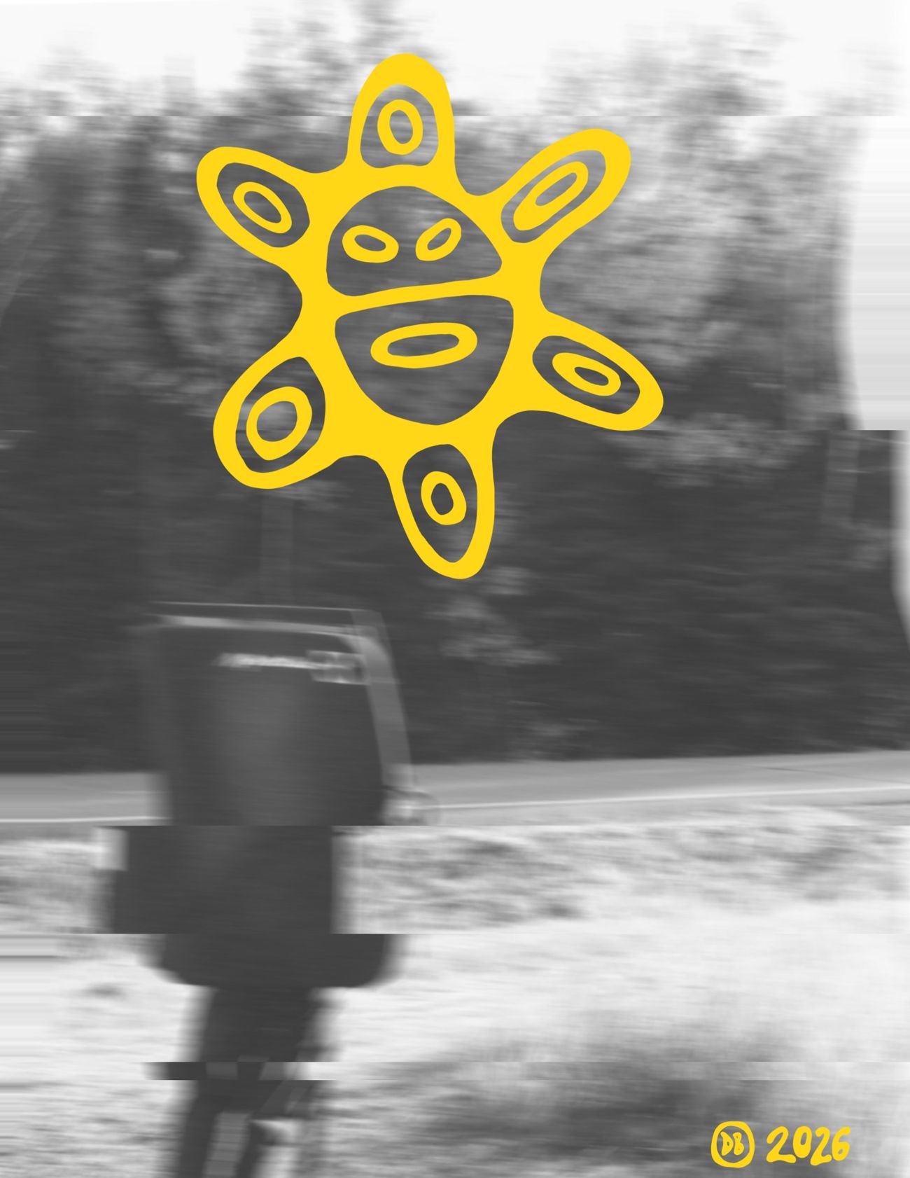 A yellow Taino sun above a blurred, glitched black and white photo of a crash pad, signed DB 2026
