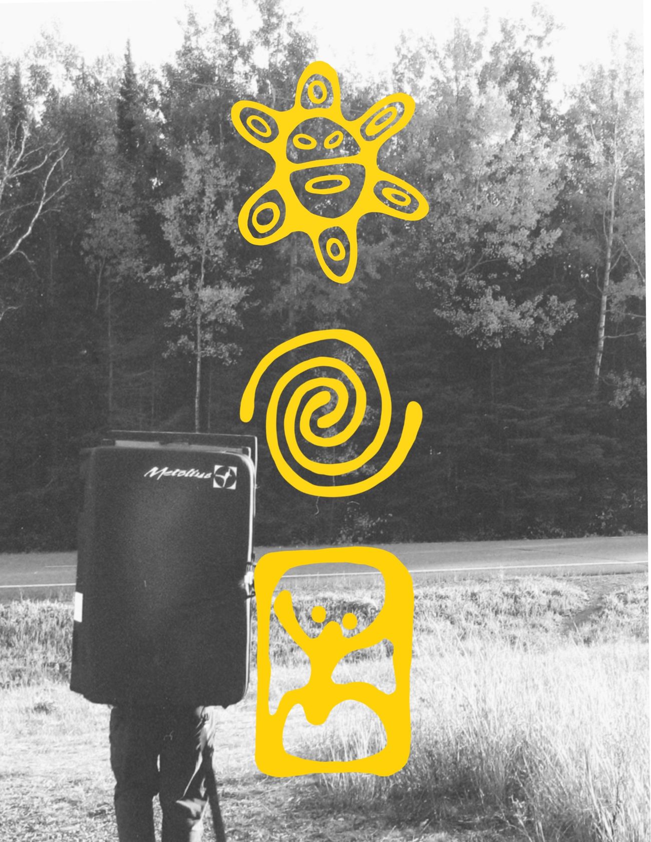 A yellow Taino sun, a spiral and the Dirtbag logo stacked over a black and white photo of a climber with a crash pad